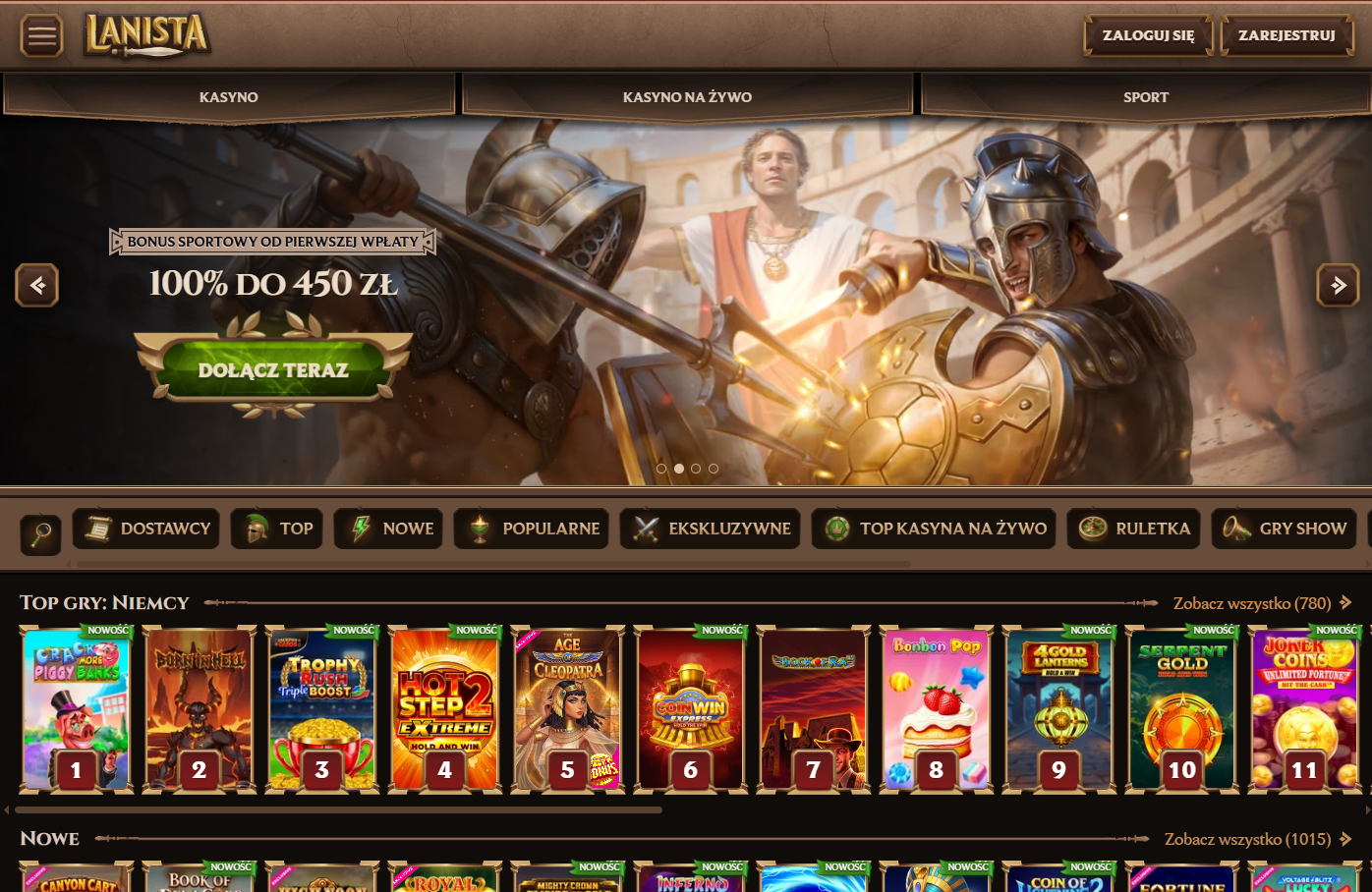 Zrzut ekranu strony Lanista Casino